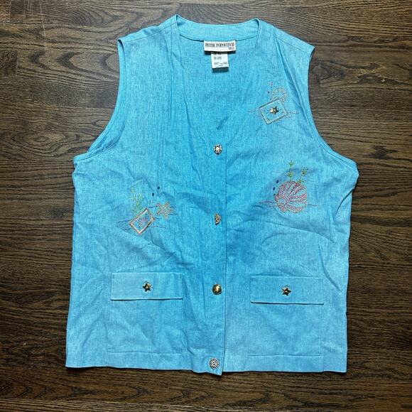 Vtg Peter Popovitch Vest Womens Large Blue Linen Embroidered Sea Shell Resort - Picture 1 of 13